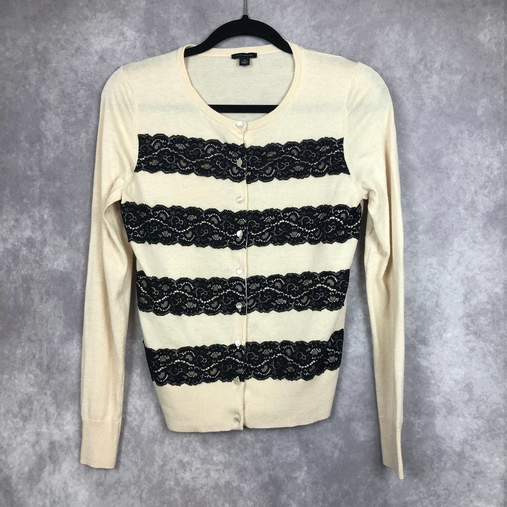 Ann Taylor Cardigan Medium Pink Black Balletcore Barbie Button Up Lace Detail